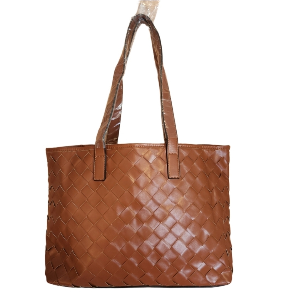 BROWN BRAIDED LINED LIGHTWEIGHT TOTE WITH SMALLER INSIDE ZIPPERED BAG NWOT